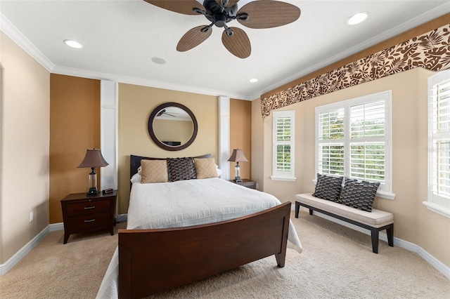 600 Egret Place Dr, Winter Garden, FL 34787 - bedroom with light carpet, crown molding, baseboards, recessed lighting, and a ceiling fan