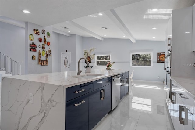 40140 Swift Rd, Eustis, FL 32736 - kitchen featuring stainless steel appliances, a sink, light stone countertops, recessed lighting, and beamed ceiling