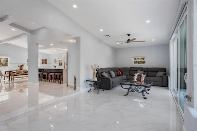 40140 Swift Rd, Eustis, FL 32736 - living area featuring marble tiled floors, ceiling fan, recessed lighting, and baseboards