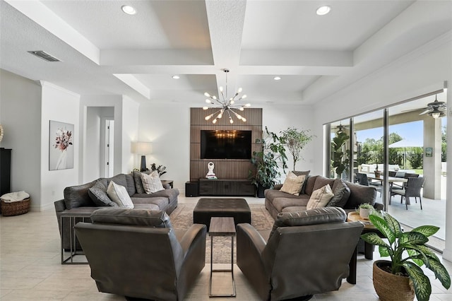 2118 Whiting Trl, Orlando, FL 32820 - living room with coffered ceiling, a chandelier, recessed lighting, a ceiling fan, and beam ceiling