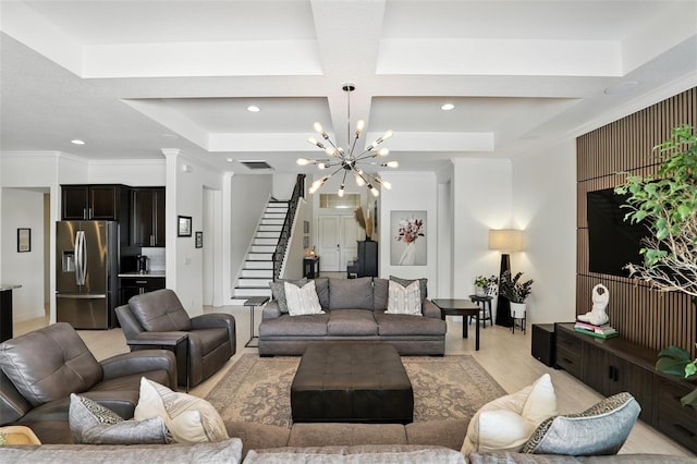 2118 Whiting Trl, Orlando, FL 32820 - living room featuring a chandelier, stairway, coffered ceiling, recessed lighting, and light wood finished floors