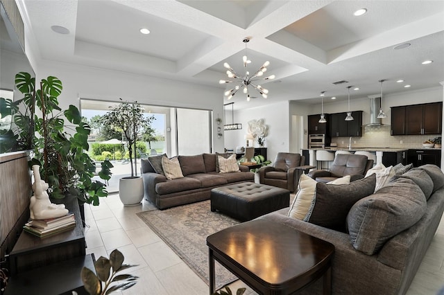 2118 Whiting Trl, Orlando, FL 32820 - living area featuring coffered ceiling, a chandelier, recessed lighting, beam ceiling, and light tile patterned floors