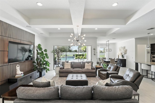 2118 Whiting Trl, Orlando, FL 32820 - living room with a chandelier, coffered ceiling, recessed lighting, and beam ceiling