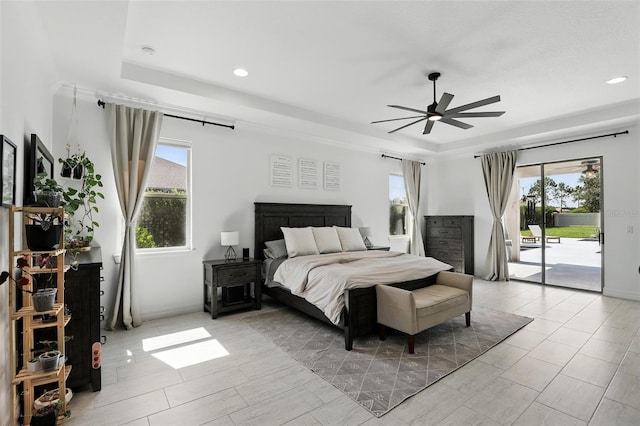 2118 Whiting Trl, Orlando, FL 32820 - bedroom featuring a raised ceiling, access to exterior, recessed lighting, and ceiling fan