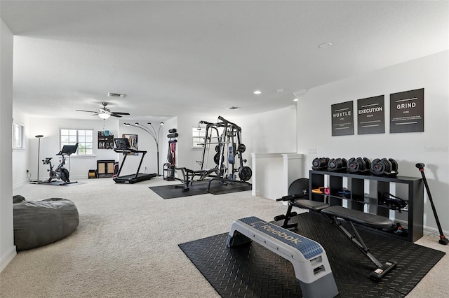 2118 Whiting Trl, Orlando, FL 32820 - workout room with carpet flooring, a ceiling fan, and recessed lighting