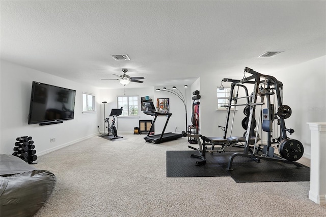 2118 Whiting Trl, Orlando, FL 32820 - workout room with a ceiling fan, a textured ceiling, and carpet