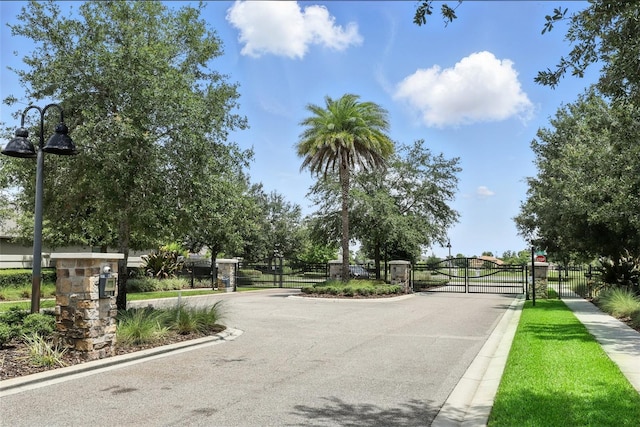 2118 Whiting Trl, Orlando, FL 32820 - view of asphalt street featuring a gate, a gated entry, curbs, street lights, and sidewalks