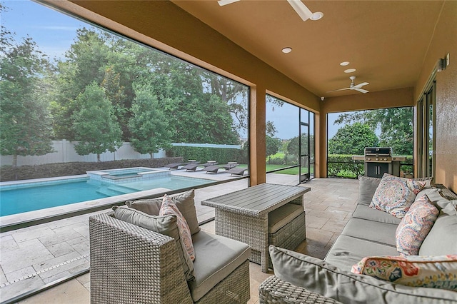 1938 Filly Trl, Oviedo, FL 32765 - fenced backyard featuring ceiling fan, outdoor lounge area, a patio, and a pool with connected hot tub