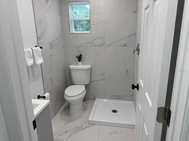 38706 8th Ave, Zephyrhills, FL 33542 - full bathroom with toilet, vanity, a stall shower, and marble finish flooring