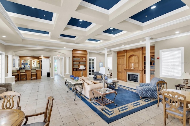 1125 Lake Shadow Cir Unit 5109, Maitland, FL 32751 - living area featuring decorative columns, a fireplace, crown molding, light tile patterned floors, and beam ceiling