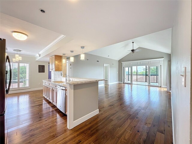 204 Quayside Cir Unit 601, Maitland, FL 32751 - kitchen with appliances with stainless steel finishes, ceiling fan, dark wood-style floors, a chandelier, and crown molding