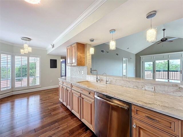 204 Quayside Cir Unit 601, Maitland, FL 32751 - kitchen featuring dishwasher, ceiling fan, dark wood-type flooring, a chandelier, and ornamental molding