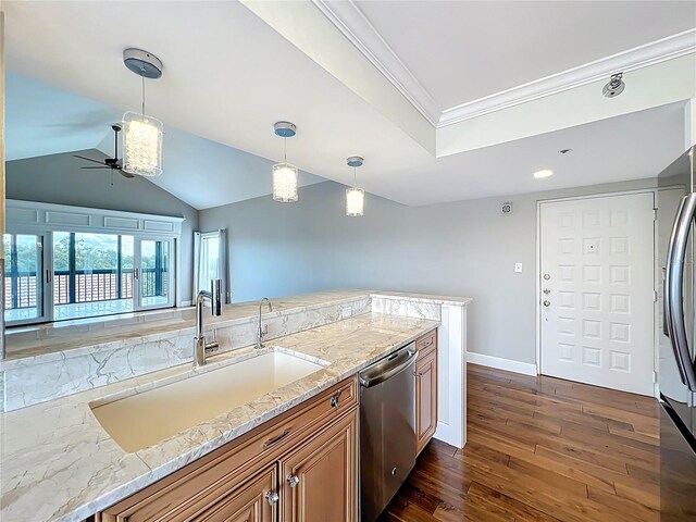 204 Quayside Cir Unit 601, Maitland, FL 32751 - kitchen with stainless steel appliances, brown cabinets, dark wood-style flooring, a ceiling fan, and ornamental molding