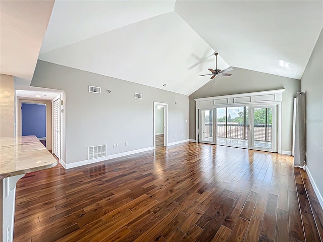 204 Quayside Cir Unit 601, Maitland, FL 32751 - empty room featuring a ceiling fan, dark wood-type flooring, and high vaulted ceiling