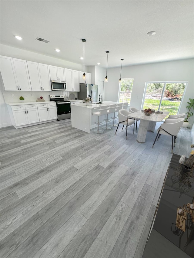 3159 SW 127th Lane Rd, Ocala, FL 34473 - kitchen featuring appliances with stainless steel finishes, light wood-style floors, recessed lighting, white cabinetry, and light countertops