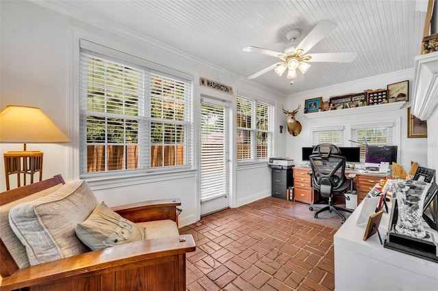 624 Richmond St, Orlando, FL 32806 - home office with brick floors, a ceiling fan, and crown molding