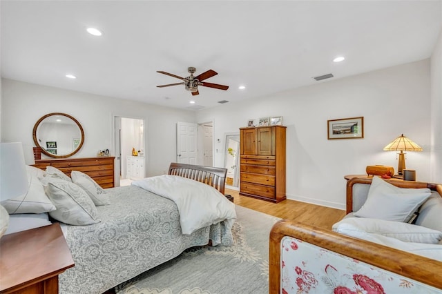 624 Richmond St, Orlando, FL 32806 - bedroom with light wood-style floors, recessed lighting, ceiling fan, and ensuite bathroom