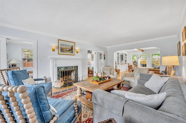624 Richmond St, Orlando, FL 32806 - living room with arched walkways, ornamental molding, plenty of natural light, a fireplace, and wood finished floors