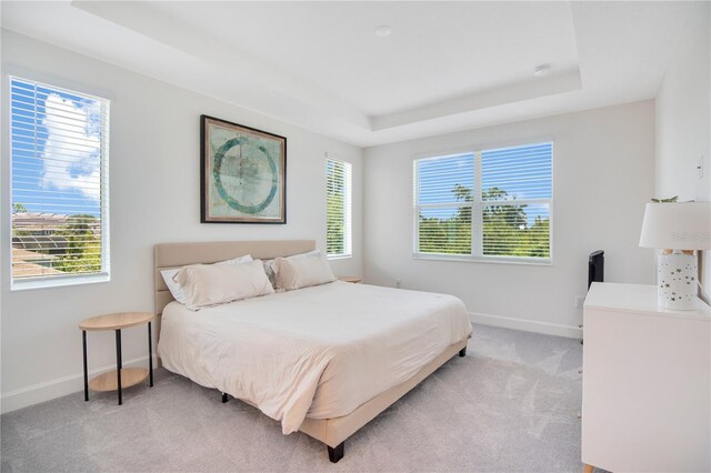 14189 Larkspur Lake Dr, Winter Garden, FL 34787 - bedroom featuring a raised ceiling, light colored carpet, and multiple windows