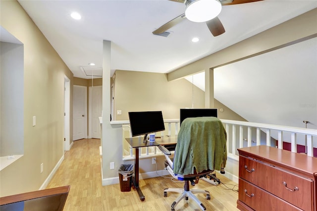 office area with attic access, ceiling fan, light wood-type flooring, recessed lighting, and vaulted ceiling