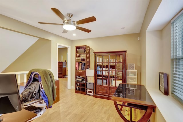 office space featuring ceiling fan, wood finished floors, and recessed lighting