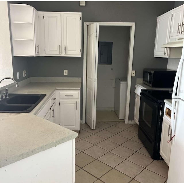 2525 Maitland Crossing Way Unit 202, Orlando, FL 32810 - kitchen featuring black appliances, electric panel, light tile patterned floors, and white cabinets