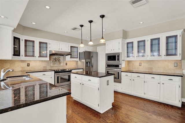 991 Hawthorne Cove Ct, Ocoee, FL 34761 - kitchen featuring appliances with stainless steel finishes, under cabinet range hood, dark stone countertops, decorative backsplash, and recessed lighting