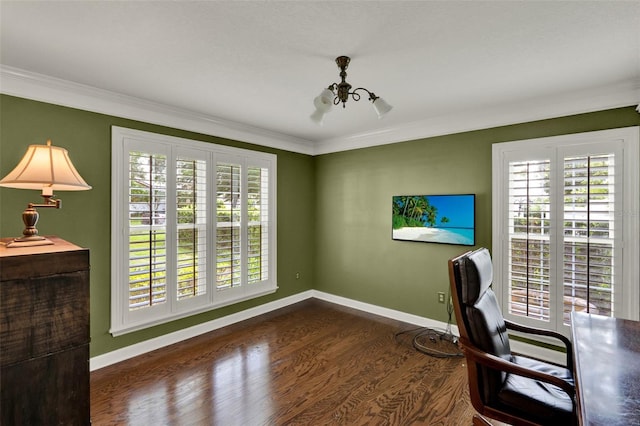 991 Hawthorne Cove Ct, Ocoee, FL 34761 - unfurnished office featuring a chandelier, dark wood-style flooring, and ornamental molding