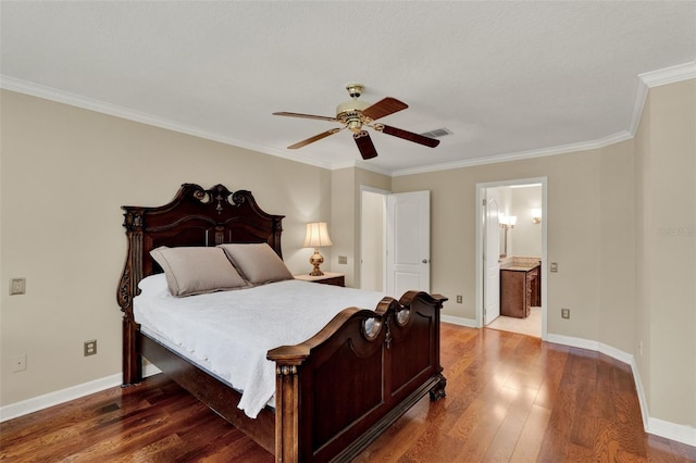 991 Hawthorne Cove Ct, Ocoee, FL 34761 - bedroom featuring ornamental molding, wood finished floors, connected bathroom, and ceiling fan