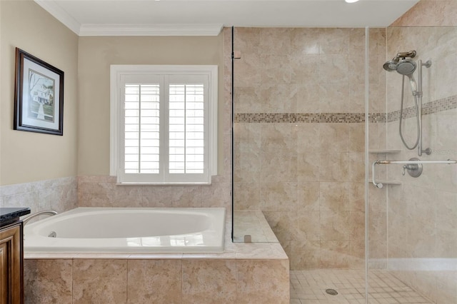 991 Hawthorne Cove Ct, Ocoee, FL 34761 - bathroom with a stall shower, a garden tub, vanity, and ornamental molding