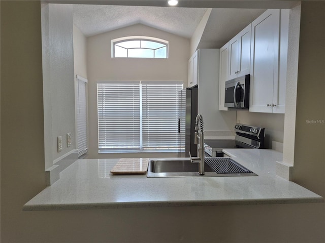 13546 Summerton Dr, Orlando, FL 32824 - kitchen featuring stainless steel appliances, lofted ceiling, white cabinetry, light stone countertops, and a peninsula