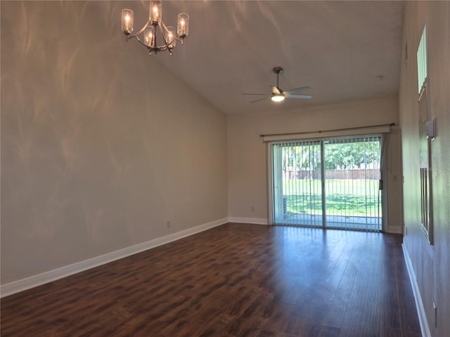 13546 Summerton Dr, Orlando, FL 32824 - empty room with ceiling fan, dark wood-type flooring, a chandelier, and lofted ceiling