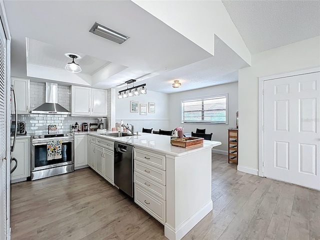 260 Killarney Bay Ct Unit 6-6, Winter Park, FL 32789 - kitchen with stainless steel appliances, wall chimney range hood, a tray ceiling, a peninsula, and light wood-style floors