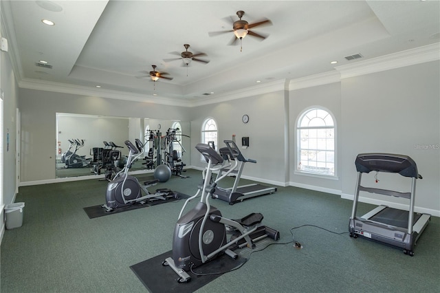3176 Feltrim Pl Unit 302, Kissimmee, FL 34747 - gym with a raised ceiling, a ceiling fan, carpet flooring, crown molding, and recessed lighting