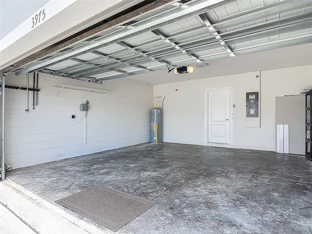 3975 Silverstream Ter, Sanford, FL 32771 - garage with electric panel, water heater, a garage door opener, and concrete block wall