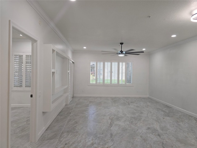 3030 Clubview Dr Unit Ge, Orlando, FL 32822 - unfurnished room featuring crown molding, a ceiling fan, recessed lighting, light marble finish floors, and a pendent fire sprinkler