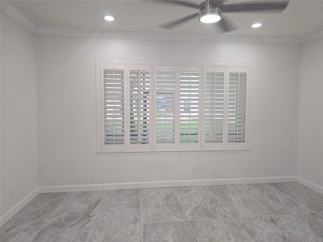 3030 Clubview Dr Unit Ge, Orlando, FL 32822 - spare room featuring ornamental molding, ceiling fan, marble look tiles, and recessed lighting