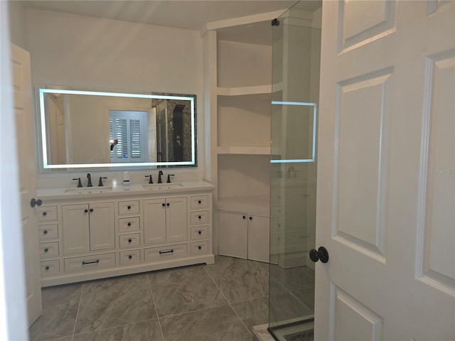 3030 Clubview Dr Unit Ge, Orlando, FL 32822 - bathroom with double vanity, tiled shower, and marble look tile flooring