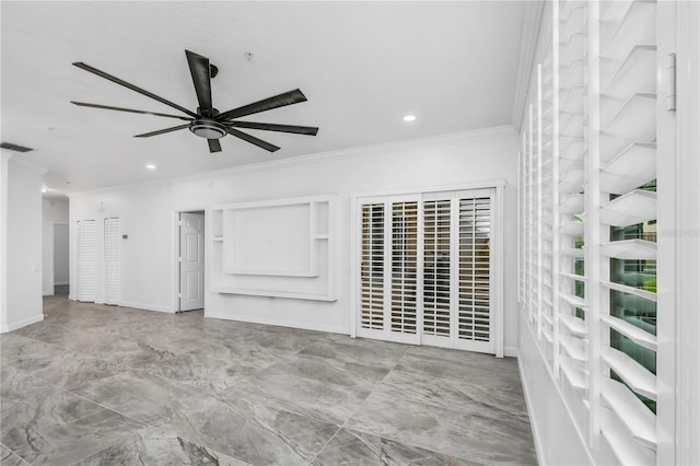 3030 Clubview Dr Unit Ge, Orlando, FL 32822 - unfurnished living room featuring crown molding, ceiling fan, recessed lighting, and marble finish flooring