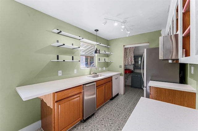 2915 Dean Ridge Rd, Orlando, FL 32825 - kitchen featuring open shelves, refrigerator, light countertops, freestanding refrigerator, and light flooring
