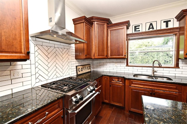 1653 Cheyenne Trl, Maitland, FL 32751 - kitchen featuring wall chimney range hood, stainless steel range, ornamental molding, and dark stone countertops
