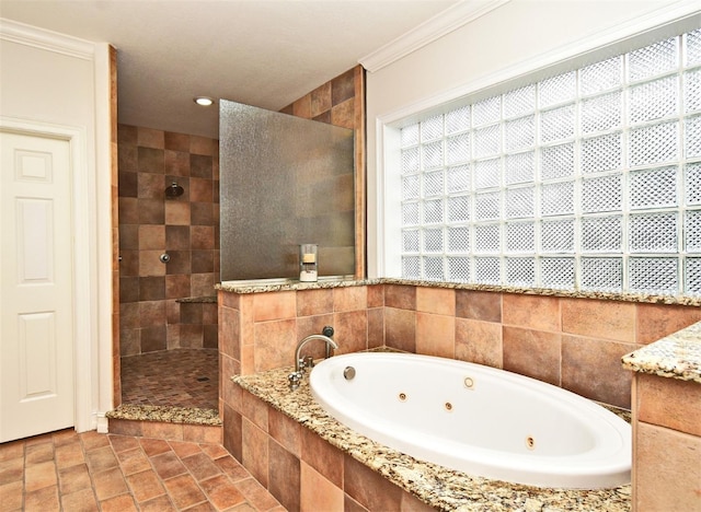 1653 Cheyenne Trl, Maitland, FL 32751 - full bath featuring a whirlpool tub, walk in shower, ornamental molding, recessed lighting, and stone finish floors
