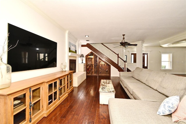 1653 Cheyenne Trl, Maitland, FL 32751 - living area with stairway, dark wood-type flooring, ceiling fan, and ornamental molding