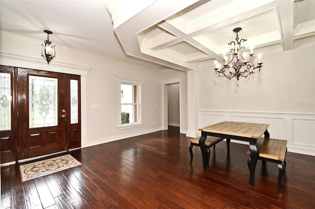 1653 Cheyenne Trl, Maitland, FL 32751 - entryway with a chandelier, healthy amount of natural light, dark wood finished floors, beamed ceiling, and coffered ceiling