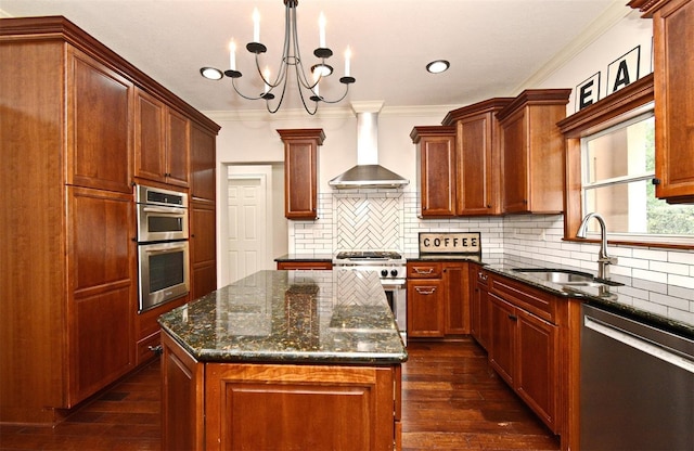 1653 Cheyenne Trl, Maitland, FL 32751 - kitchen featuring stainless steel appliances, wall chimney range hood, crown molding, dark wood-style floors, and dark stone countertops
