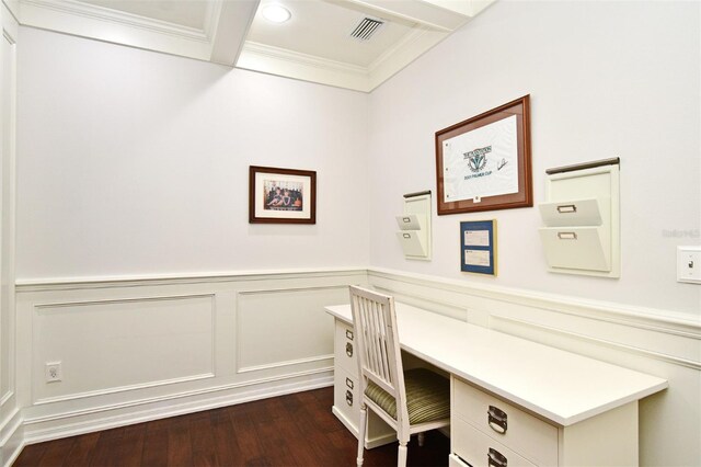 1653 Cheyenne Trl, Maitland, FL 32751 - home office with built in desk, crown molding, dark wood-style floors, wainscoting, and a decorative wall