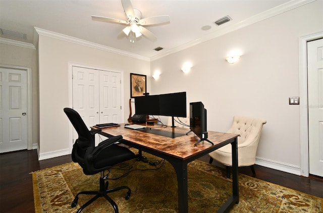 1653 Cheyenne Trl, Maitland, FL 32751 - office with ornamental molding, dark wood-style floors, and ceiling fan