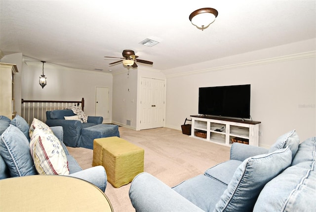 1653 Cheyenne Trl, Maitland, FL 32751 - living area featuring light colored carpet, ceiling fan, and ornamental molding