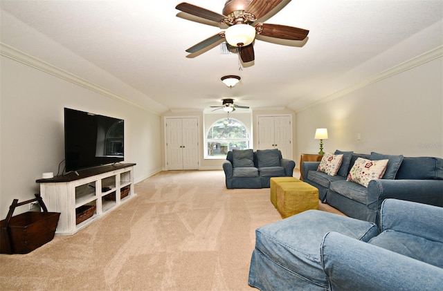 1653 Cheyenne Trl, Maitland, FL 32751 - living room featuring vaulted ceiling, light carpet, ornamental molding, and ceiling fan