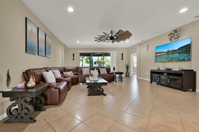2319 Dammar St, Orlando, FL 32824 - living room featuring light tile patterned flooring, recessed lighting, and ceiling fan